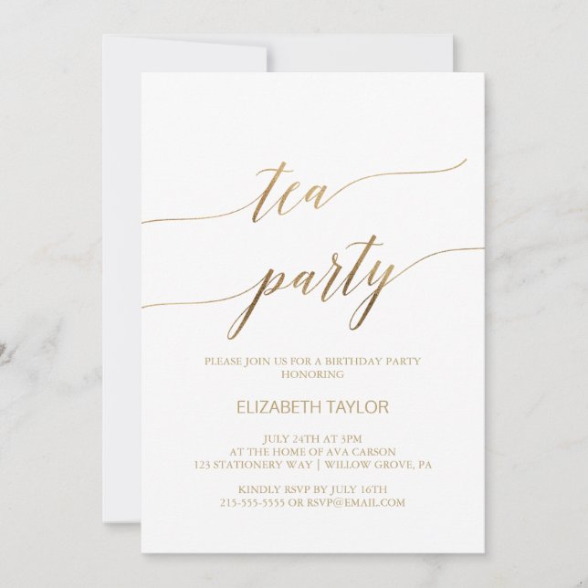 Invitación Elegante caligrafía de oro Tea Fiesta Cumpleaños (Anverso)