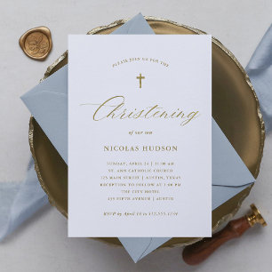 Invitación Elegante caligrafía de oro y cruz   Cristalización