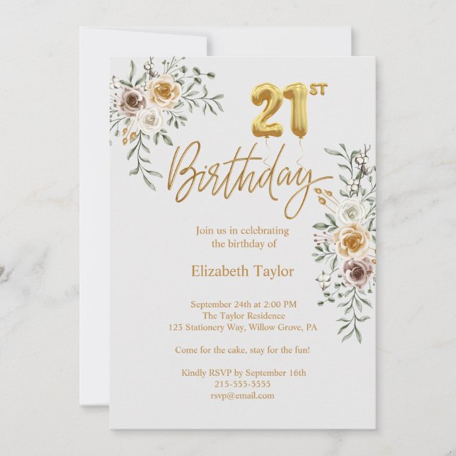 Invitación Elegante caligrafía de oro y florals cumpleaños nú (Anverso)