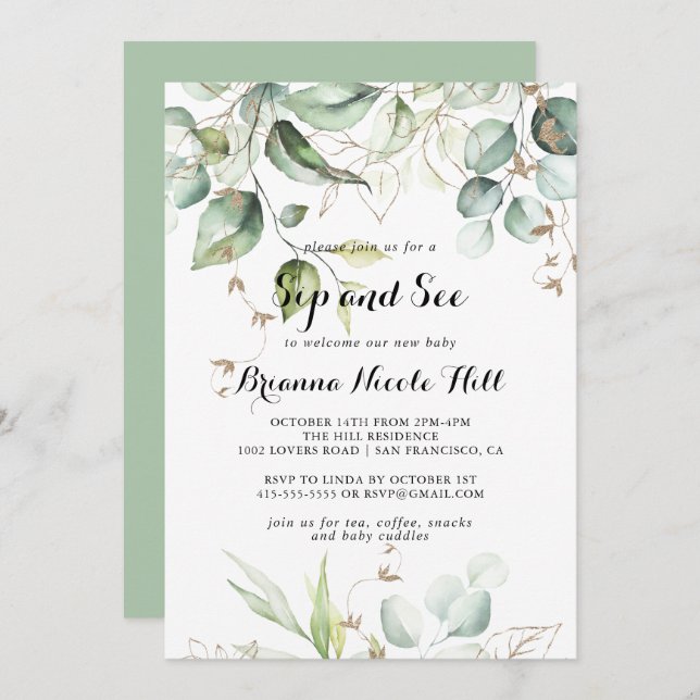 Invitación Elegante caligrafía de verde oro Sip y See (Anverso / Reverso)