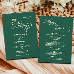 Invitación Elegante caligrafía detalles del Boda Verde azulad