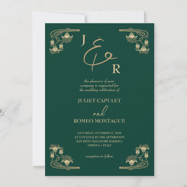 Invitación Elegante caligrafía dorada Art Deco sobre boda ver (Anverso)