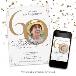 Invitación Elegante caligrafía dorada blanca foto 60 cumpleañ