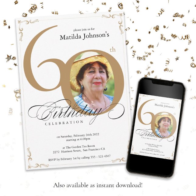 Invitación Elegante caligrafía dorada blanca foto 60 cumpleañ (Elegant Gold White Calligraphy Photo 60th Birthday Invitation)