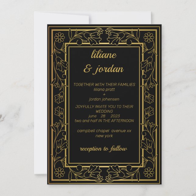 Invitación elegante caligrafía dorada Boda negro (Anverso)
