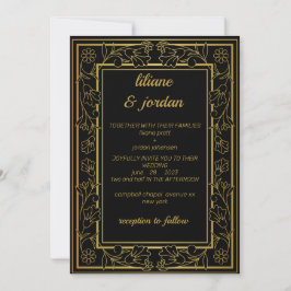 Invitación elegante caligrafía dorada Boda negro