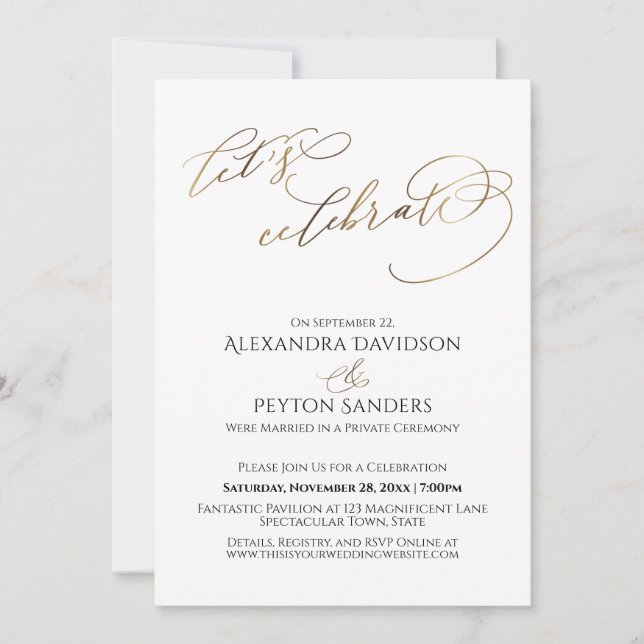 Invitación Elegante caligrafía dorada celebremos la recepción (Anverso)