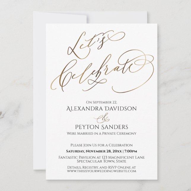 Invitación Elegante caligrafía dorada celebremos la recepción (Anverso)