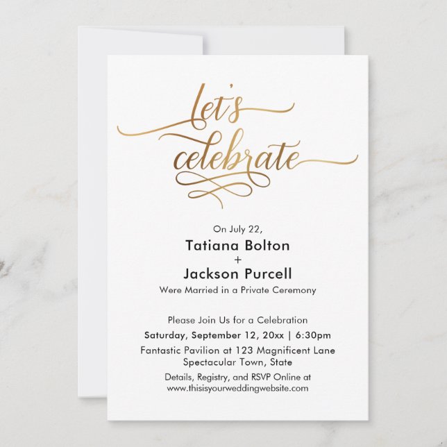 Invitación Elegante caligrafía dorada celebremos la recepción (Anverso)