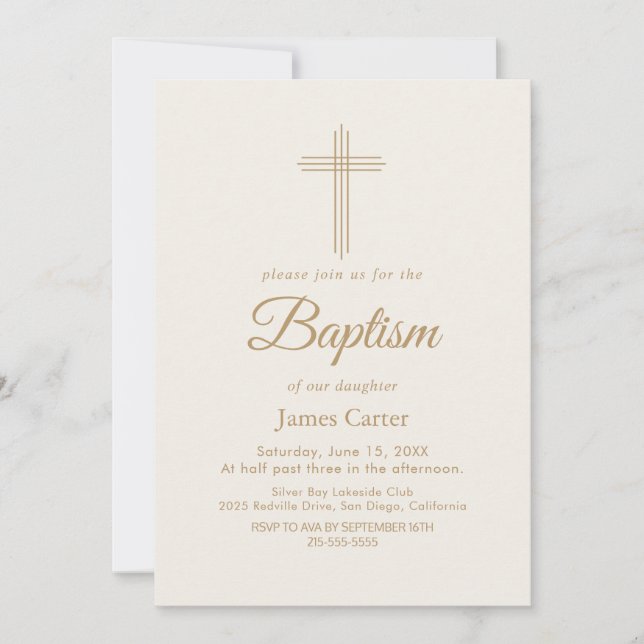 Invitación Elegante caligrafía dorada Crema Cross Baptism (Anverso)