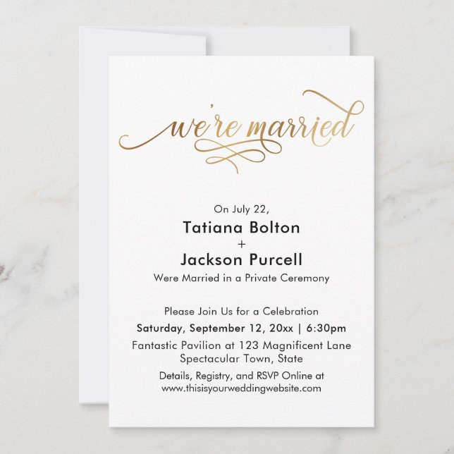Invitación Elegante caligrafía dorada La recepción está casad (Anverso)