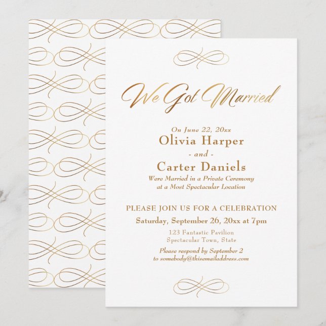 Invitación Elegante Caligrafía Dorada Recepción de Boda Nos C (Anverso / Reverso)