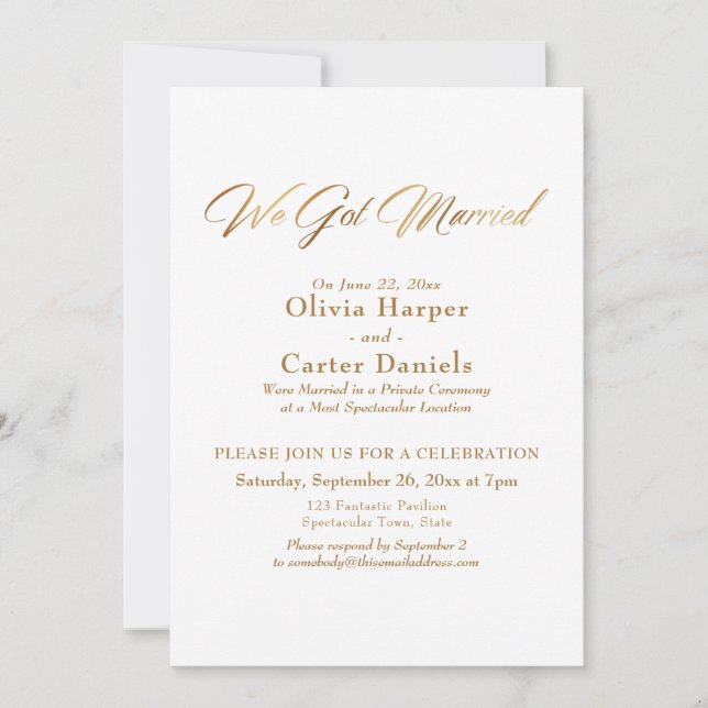 Invitación Elegante Caligrafía Dorada Recepción de Nos Casamo (Anverso)