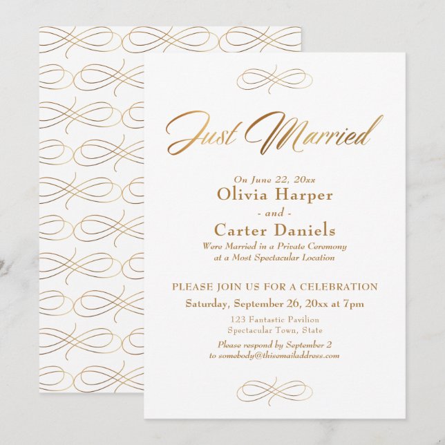 Invitación Elegante Caligrafía Dorada Recepción Recién Casado (Anverso / Reverso)
