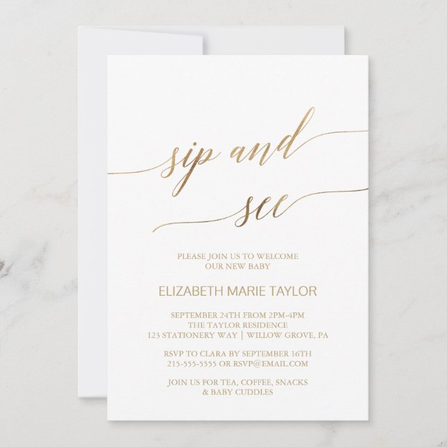 Invitación Elegante caligrafía dorada Sip y See (Anverso)