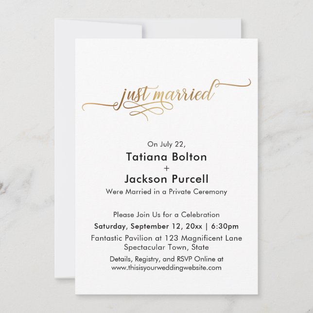 Invitación Elegante caligrafía dorada sólo recepción casada (Anverso)