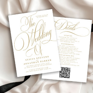 Invitación Elegante caligrafía dorada todo en uno boda blanca
