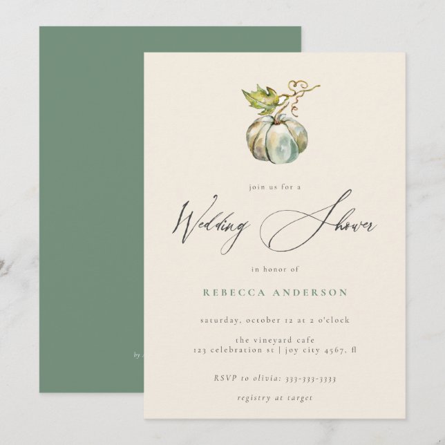 Invitación Elegante caligrafía ducha de calabaza otoñal (Anverso / Reverso)