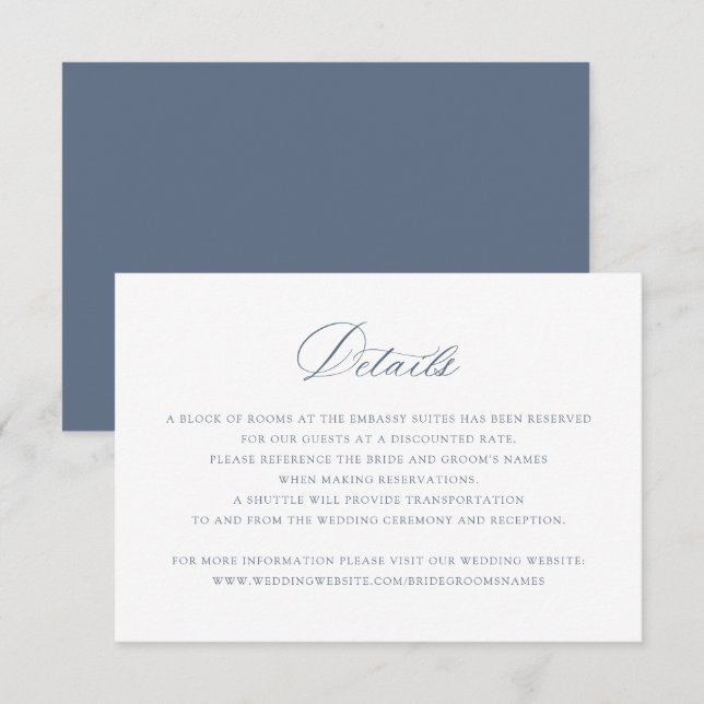 Invitación Elegante caligrafía Dusty Blue Boda Detalles (Anverso / Reverso)