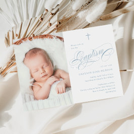 Invitación Elegante caligrafía Dusty Blue Boys Photo Baptism
