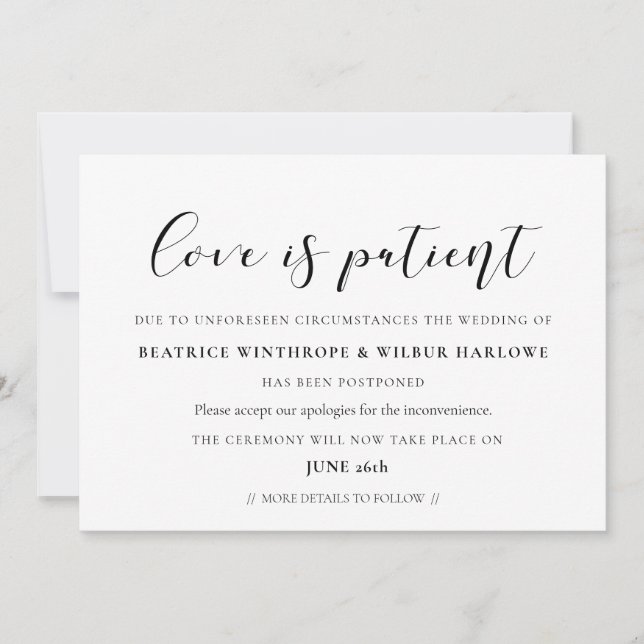 Invitación Elegante caligrafía El amor es una fecha paciente  (Anverso)