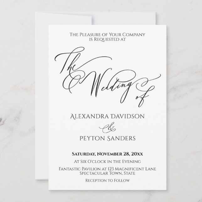 Invitación Elegante caligrafía "El Boda de" blanco y negro (Anverso)