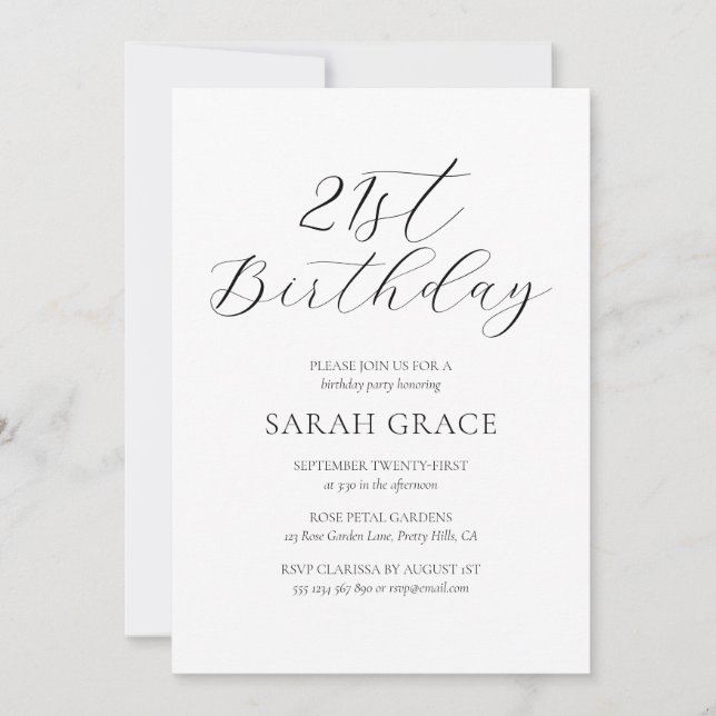 Invitación Elegante caligrafía en blanco y negro 21 cumpleaño (Anverso)