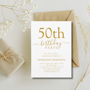 Invitación Elegante Caligrafía en Oro Cumpleaños Moderno 50