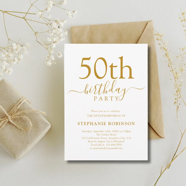 Invitación Elegante Caligrafía en Oro Cumpleaños Moderno 50 (Subido por el creador)