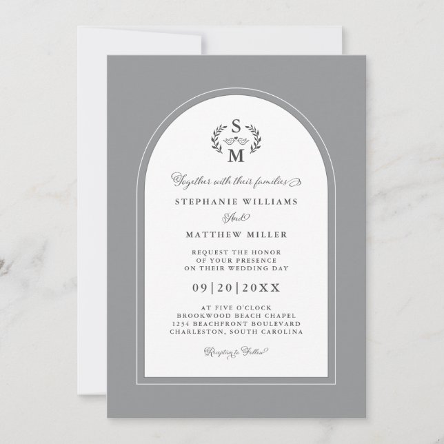 Invitación Elegante caligrafía Escudo Arco Boda Blanco gris (Anverso)