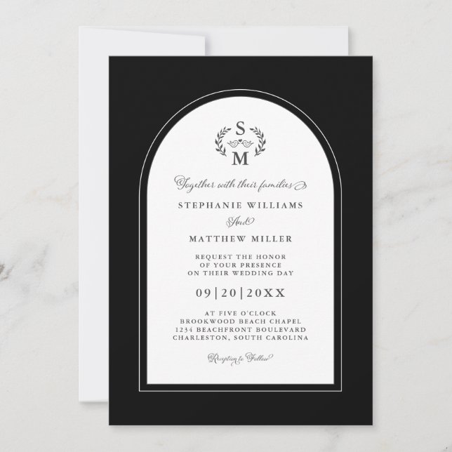 Invitación Elegante caligrafía Escudo Arco Boda Blanco negro (Anverso)