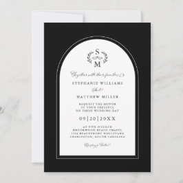 Invitación Elegante caligrafía Escudo Arco Boda Blanco negro