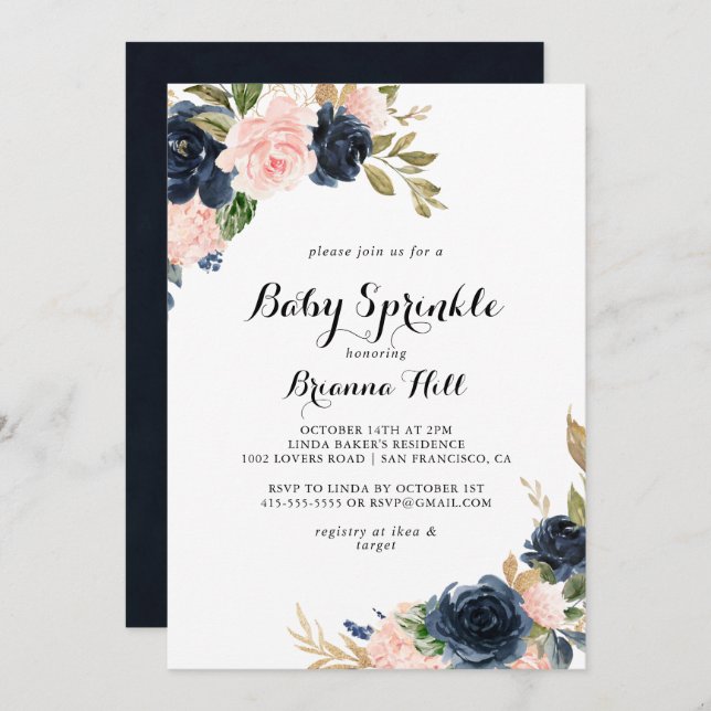 Invitación Elegante caligrafía floral de invierno - Bebé roci (Anverso / Reverso)