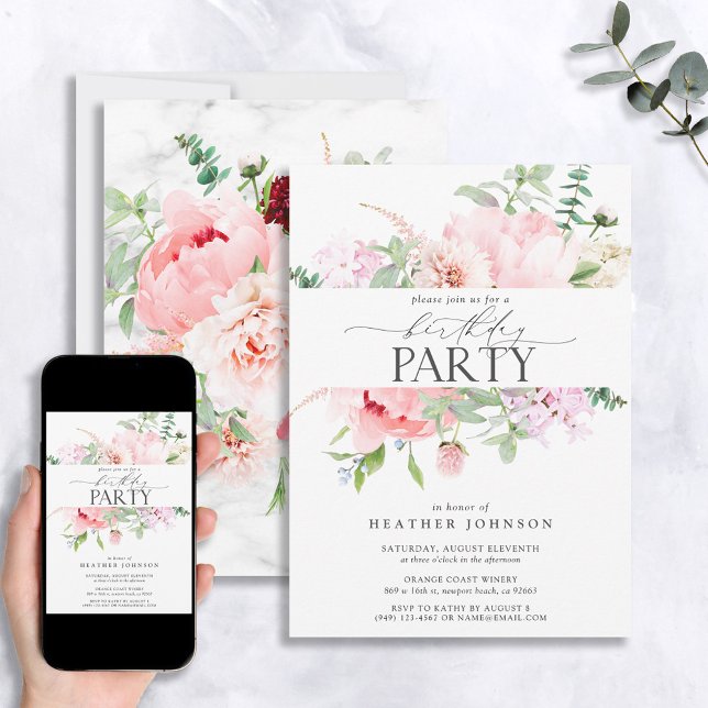 Invitación Elegante caligrafía floral de peones rosados cumpl (Subido por el creador)