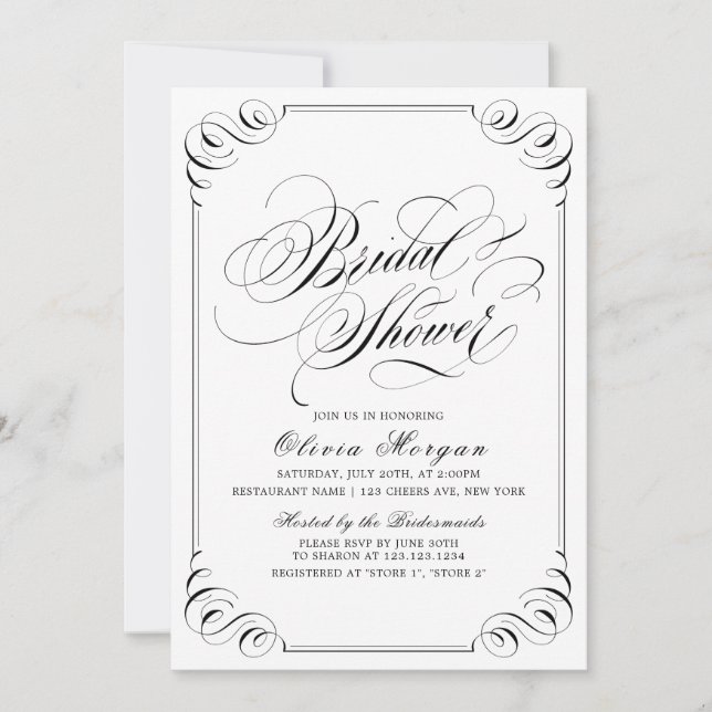 Invitación Elegante caligrafía floreciente vintage Bridal Sho (Anverso)