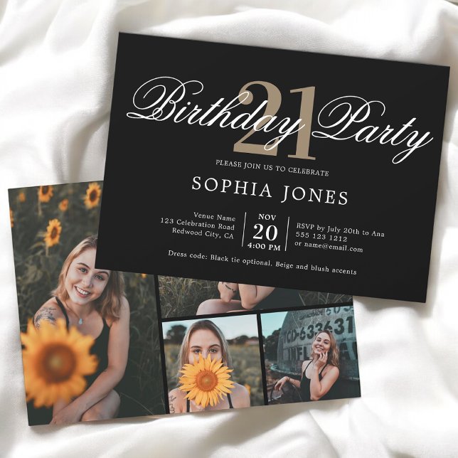 Invitación Elegante caligrafía foto de cumpleaños negro (Subido por el creador)