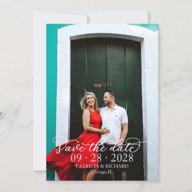 Invitación Elegante Caligrafía Foto De Texto Blanco Guardar L (Anverso)