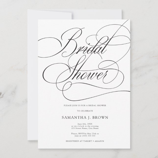 Invitación Elegante caligrafía foto ducha de novia Minimalist (Anverso)