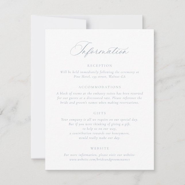 Invitación Elegante caligrafía guión Boda azul detalles (Anverso)