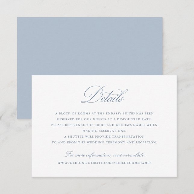 Invitación Elegante caligrafía guión Boda azul detalles (Anverso / Reverso)