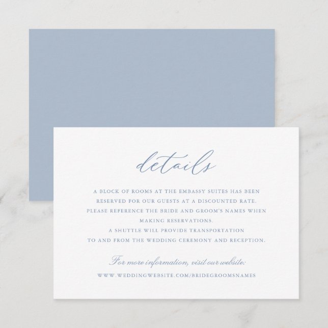 Invitación Elegante caligrafía guión Boda azul detalles (Anverso / Reverso)