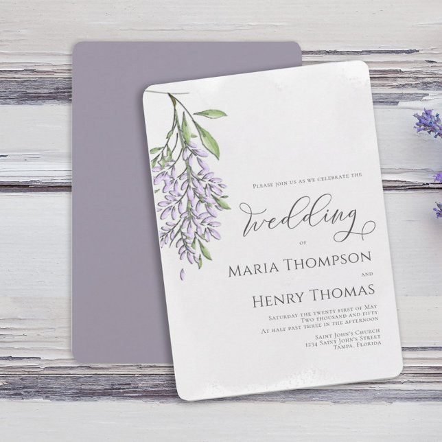 Invitación Elegante caligrafía guión Boda de Lavanda (Watercolor elegant Spring wisteria flower vine wedding invitation. )