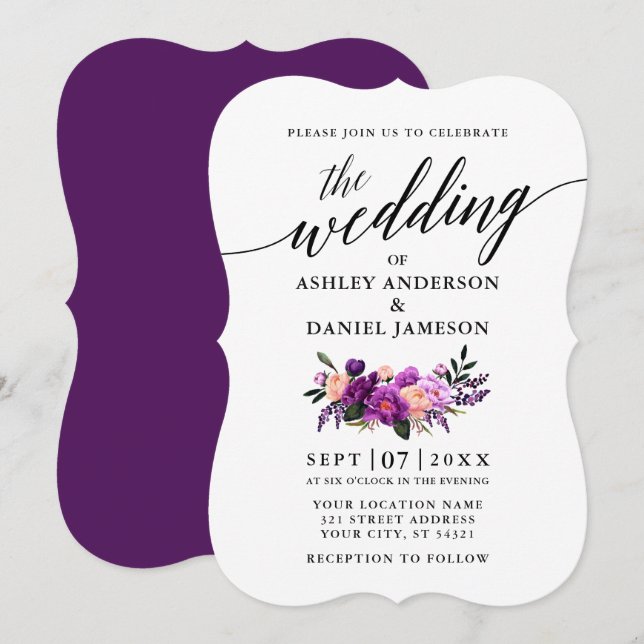 Invitación Elegante caligrafía guión Boda morado floral (Anverso / Reverso)