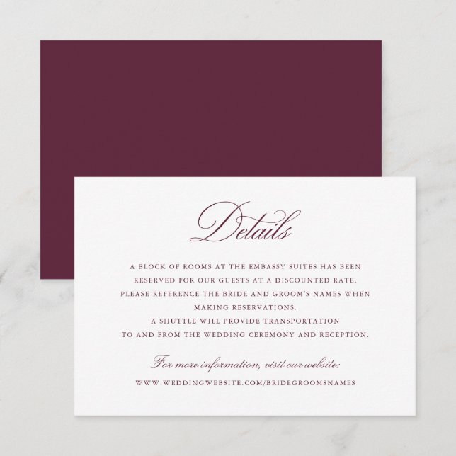 Invitación Elegante caligrafía guión Merlot Bodas Detalles (Anverso / Reverso)
