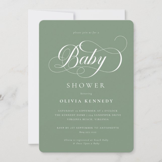 Invitación Elegante caligrafía guión moderno Baby Shower azul (Anverso)