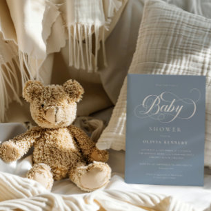 Invitación Elegante caligrafía guión moderno Baby Shower azul