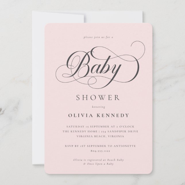 Invitación Elegante caligrafía guión moderno Baby Shower azul (Anverso)