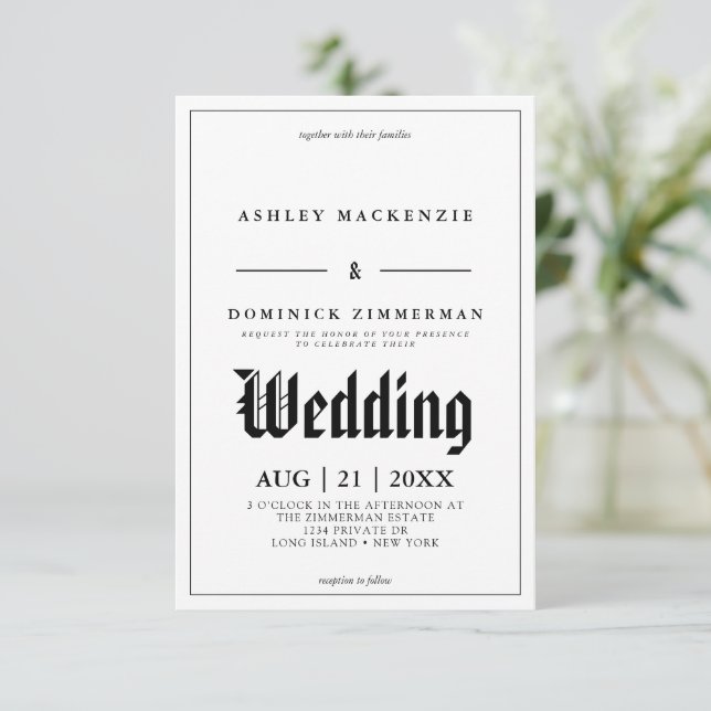 Invitación Elegante caligrafía inglesa grabada borde negro (Anverso de pie)