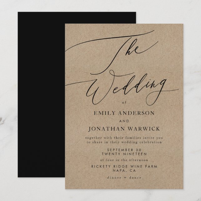 Invitación Elegante caligrafía Kraft Boda negro moderno (Anverso / Reverso)