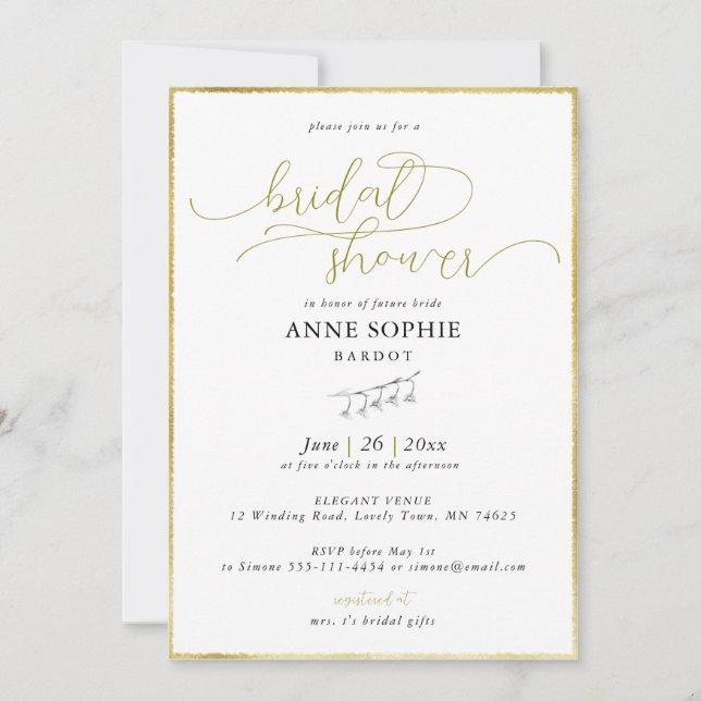 Invitación Elegante Caligrafía Lily Valley Dorada Bridal Show (Anverso)